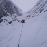 Dave Bish attempting an unidentified gully at the head of the Lost Valley (Roger Daley)