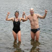 Michelle and Mark triumphant after the final swim (Virginia Castick)