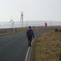 Bob approaches Coal Clough Wind Farm (Dave Shotton)
