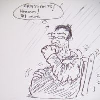 Craig bulking up for ascent of Gran Paradiso (original drawing by Jim) (Colin Maddison)