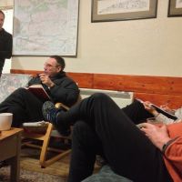 Inside the Alex Mac hut after a day of hard climbing (Emily Pitts)