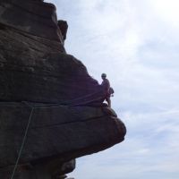 Andy breaths a sigh of relief after completing the hand traverse of Ellis's Eliminate (Gergana Mihalkova)