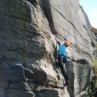 Anna following Brown's Crack (HS), Bamford Edge (Colin Maddison)