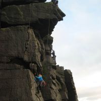 Emily follows Emma on Neb Buttress (HVS), Bamford Edge (Roger Dyke)