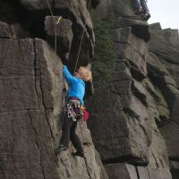 Emily follows Emma on Neb Buttress (HVS), Bamford Edge (Roger Dyke)