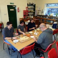 Mark Pilling, James Williams, Laura Collier, John Castick having lunch at the working meet - Ty Powdwr (Dave Wylie)