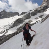 Crossing old snow patches on the final approach to Refuge Du Pave 2850m (Andy Stratford)