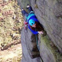 Emma on The Ravenstones Stomach Traverse (Dave Wylie)