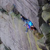 Emma on The Ravenstones Stomach Traverse (Dave Wylie)