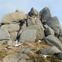 Bron scrambling on Caisteal Abhail (Dave Wylie)