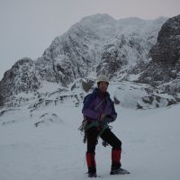 Jim in front of a very icy North East Buttress (Andy Stratford)