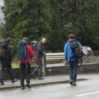 The A Team sets off for the overhangs of Carreg Hylldrem (Roger Dyke)