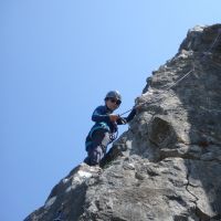 Delyth on the arete of 'James the Red Engine' (Dave Shotton)