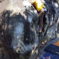 Mark grappling with the slopers on a typical Font top-out (Daniel O'Brien)