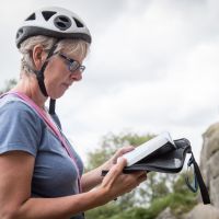 Cathy Busy studying the guidebook at Birchen: Photo Natasha Hirst (Emily Pitts)