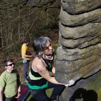 Caro on the arête of the Dogger block (Dave Wylie)