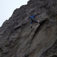 Will about to take flight on Cairn (7a) (Daniel O'Brien)