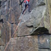 Clay teeters towards the tricam on Three Notch Slab (VS) (Daniel O'Brien)