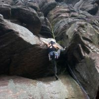 Caro on the crux of Sauls Crack (Roger Dyke)