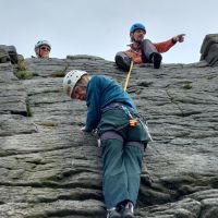 Roger on Toe Nail, Colin on belay, Lester looks on