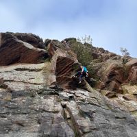 Reachy crux of Humdinger E1 5b (Rory Marsden)