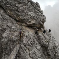 Mark Hughes and Sally Cresswell Cast approaching the Brigata Tridentina rope bridge